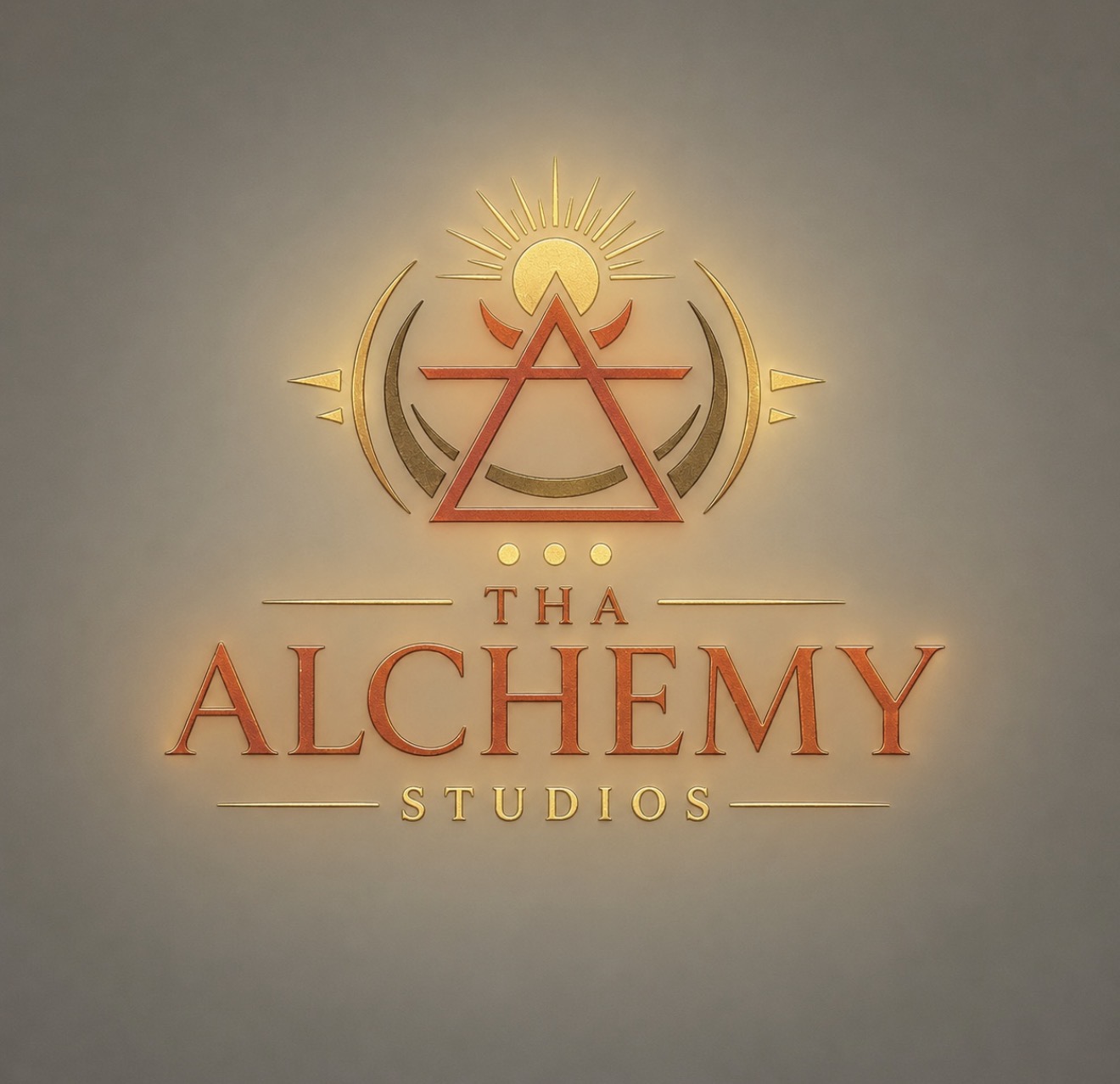 Golden sun and burnt-orange alchemy emblem of Tha Alchemy Studios