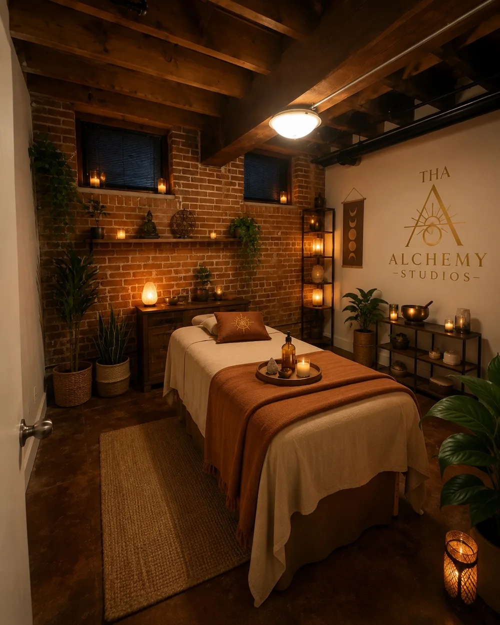 Artistic rendition of the warm Reiki studio atmosphere, with exposed brick, soft lighting and a treatment table
